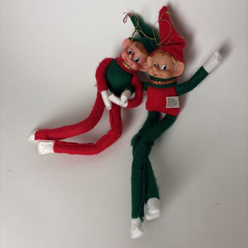 Vintage Christmas pixie Elf set of 2 Tree Branch knee Hugger shelf sitter orname